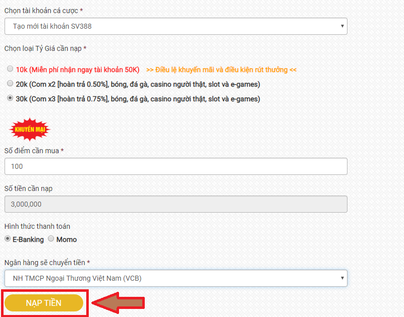 Chọn tỷ giá cần nạp